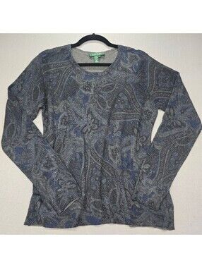Lauren Ralph Lauren Women L Gray Blue Paisley Long Sleeve Silk Cashmere Sweater